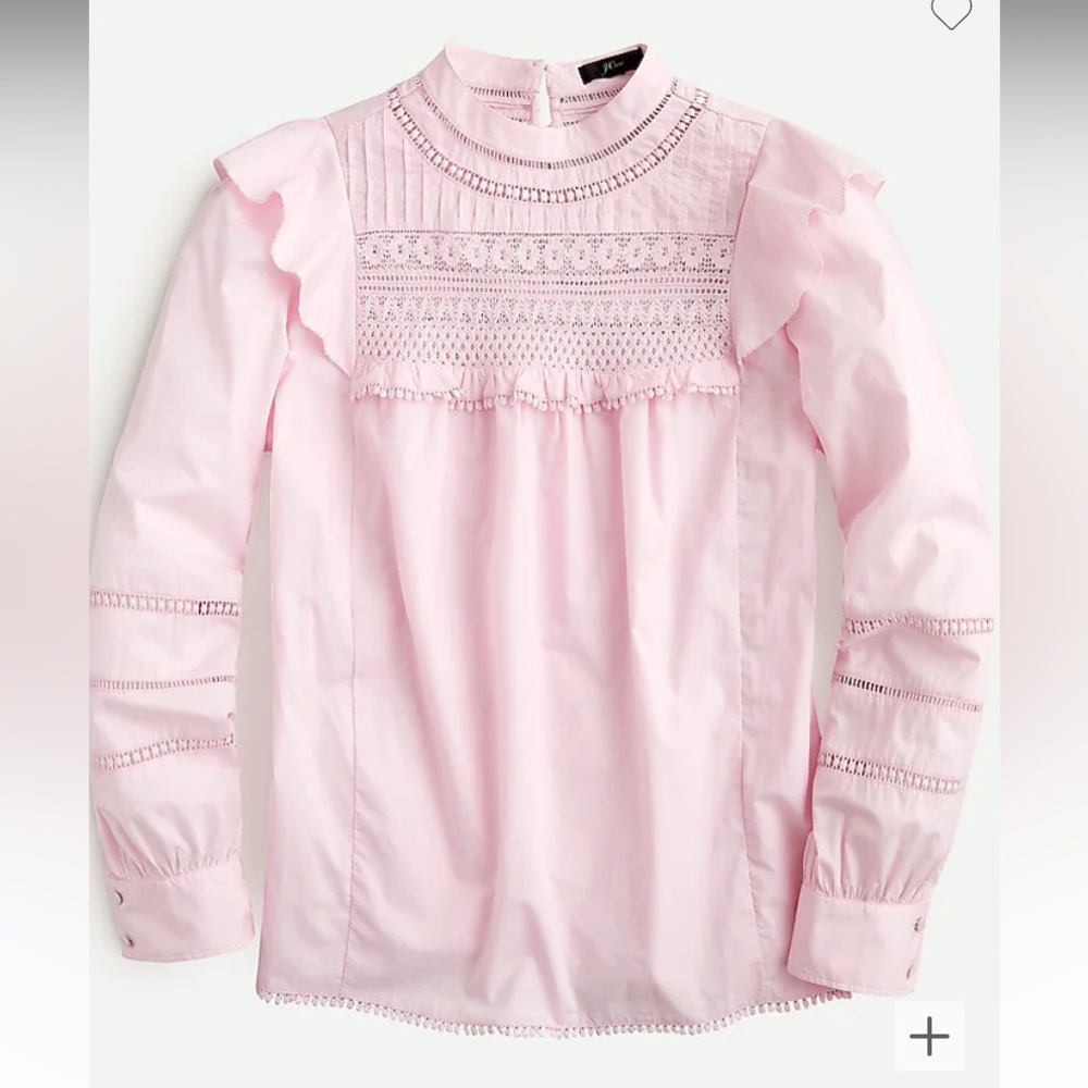 J Crew Blouse Top Long-Sleeve Pink S Crocheted Lace Ruffle Cotton AK764